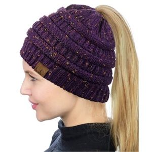 C.C messy bun ponytail knit beanie in confetti purple